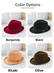 Detail view of wool fedora hats in wine red, black, khaki, and olive with metal trim