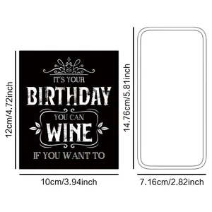 Detail of 4-pack self-adhesive birthday wine bottle labels with size dimensions