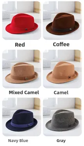 Close-up of wool fedora hats in red, coffee, camel, navy, and grey with ribbon detail
