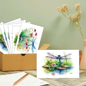 Set di biglietti d'auguri acquerello con libellule e fiori con scatola in kraft