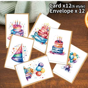 Set di 12 biglietti d'auguri acquerello con 6 motivi di torte e buste colorate