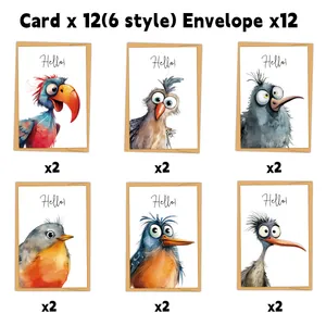 Set mit 12 Geburtstagskarten mit bunten Aquarell-Vogel- und Pflanzenillustrationen