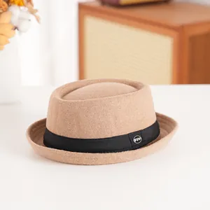 Retro camel wool fedora hat with rolled brim and black band for autumn and winter