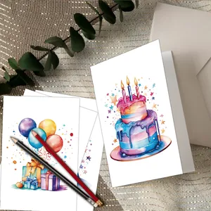 Set di 12 biglietti d'auguri acquerello con torte, palloncini e buste su cartoncino bianco