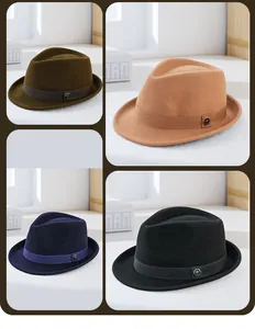 Detail view of wool fedora hats in army green, camel, navy and black with metal badge