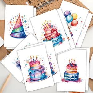 Macro di biglietti d'auguri acquerello con torte, cappelli da festa e palloncini colorati