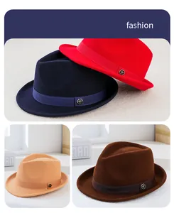 Detail of wool fedora hats in various colors with ribbon band and metal emblem