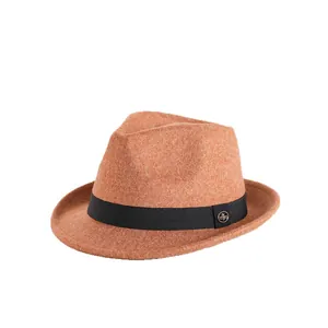 Classic orange-brown wool felt fedora hat with black ribbon and metallic buckle detail