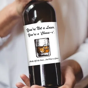 Funny Father's Day wine bottle stickers set featuring creative quotes on white labels