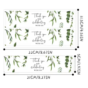 Forest style wedding water bottle labels with green leaves and thank you celebration text