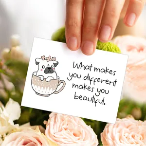 Positive affirmation card with pug illustration and inspirational quote in flower garden