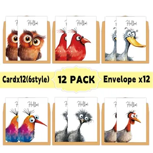 12er Set Aquarell-Tier-Grußkarten mit 6 Vogelmotiven und braunen Kraft-Umschlägen