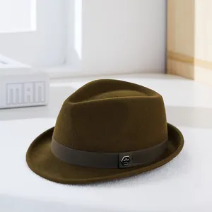 Men's wool felt fedora hat in dark olive green with a grograin ribbon and metal logo