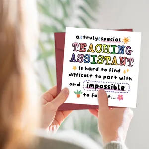 Funny Teacher Assistant appreciation card with burgundy envelope and hand-drawn icons