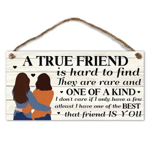 Friendship Wooden Hanging Sign Plaque With Motivational Quote Two Girls Illustration Wall Decor Best Friend Gift Home Decoration