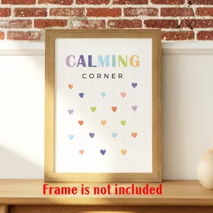 Poster Calming Corner per salute mentale con cuori colorati e scritte arcobaleno