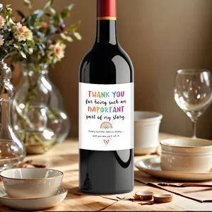 Detail of teacher appreciation wine label with heartfelt thank you message and rainbow art