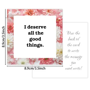 Set of 60 square affirmation cards with floral border and dual-sided design for women