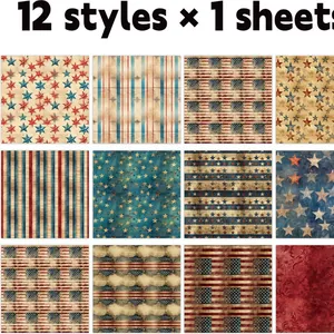 Detailed grid of 12 vintage American flag themed scrapbooking paper styles