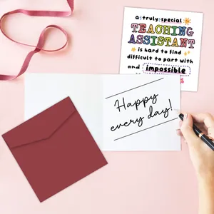 Funny Teacher Assistant appreciation card set with deep red envelope and handwritten note