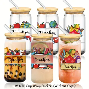 Set of 6 teacher graduation UV DTF cup wrap stickers with school apple and pencil designs