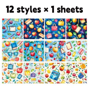 12 feuilles de papier scrapbooking rentrée scolaire aux motifs aquarelle fruits et bureau