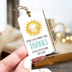 Detail of summer teacher appreciation gift tags with sun motif and natural hemp twine