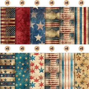 Detailed set of 12 vintage American flag patterned background papers for scrapbooking