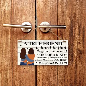Wooden hanging plaque with friendship quote and colorful illustrations on a wooden door