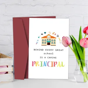 Tarjeta de agradecimiento para profesores con dibujos escolares y sobre granate