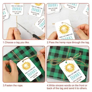 Step-by-step assembly of summer teacher thank you gift tags with natural jute twine