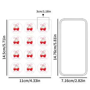 Round cherry thank you seal stickers for gift packaging with size comparison view