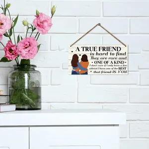 Rustic wood friendship sign with female illustration on white brick wall decor