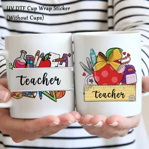 UV DTF teacher theme cup wrap stickers with apple and pencil motifs for glass cups