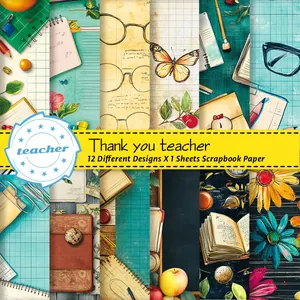 Collage vertical présentant 12 motifs uniques de papier de scrapbooking rétro pour enseignants