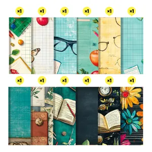 Détail montrant 12 motifs scolaires vintage différents sur papier de scrapbooking