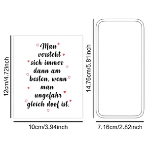 Detailed size chart for German language wine bottle stickers with humorous text and hearts
