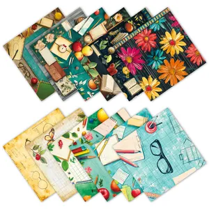Détail de 12 feuilles de papier de scrapbooking vintage avec motifs floraux et scolaires