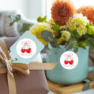 Round cherry heart thank you stickers for gift packaging and small business sealing