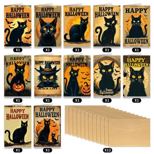 Collection of 12 Halloween greeting cards with black cat designs and kraft envelopes