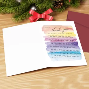 Tarjeta de agradecimiento para profesores con arcoíris acuarela y sobre rojo