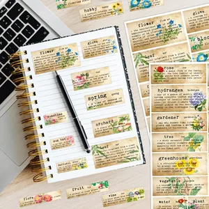 Retro botanical waterproof stickers with floral patterns and dictionary definitions for scrapbooking