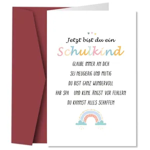 Tarjeta de felicitación alemana Schulkind con arcoíris y sobre rojo oscuro