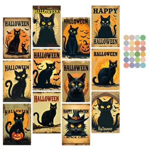 Detailed set of 11 Halloween black cat postcards with vintage orange illustrations and stickers