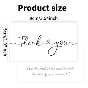 Minimalist white business thank you cards with black script font, 9x5cm sizing shown