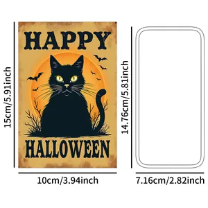 Halloween black cat metal sign wall decor with Happy Halloween text 15x10cm size