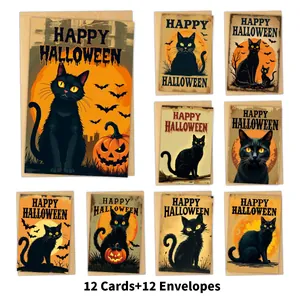 12-pack vintage Halloween greeting cards set with black cats, pumpkins and envelopes