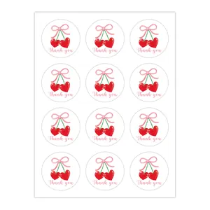 Watercolor cherry and ribbon thank you labels for gift sealing and packaging