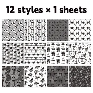 Detailed grid of 12 bow and cherry pattern scrapbook papers in monochrome aesthetics