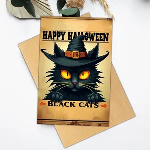 Detail of Halloween black cat greeting card with wizard hat on a kraft paper envelope